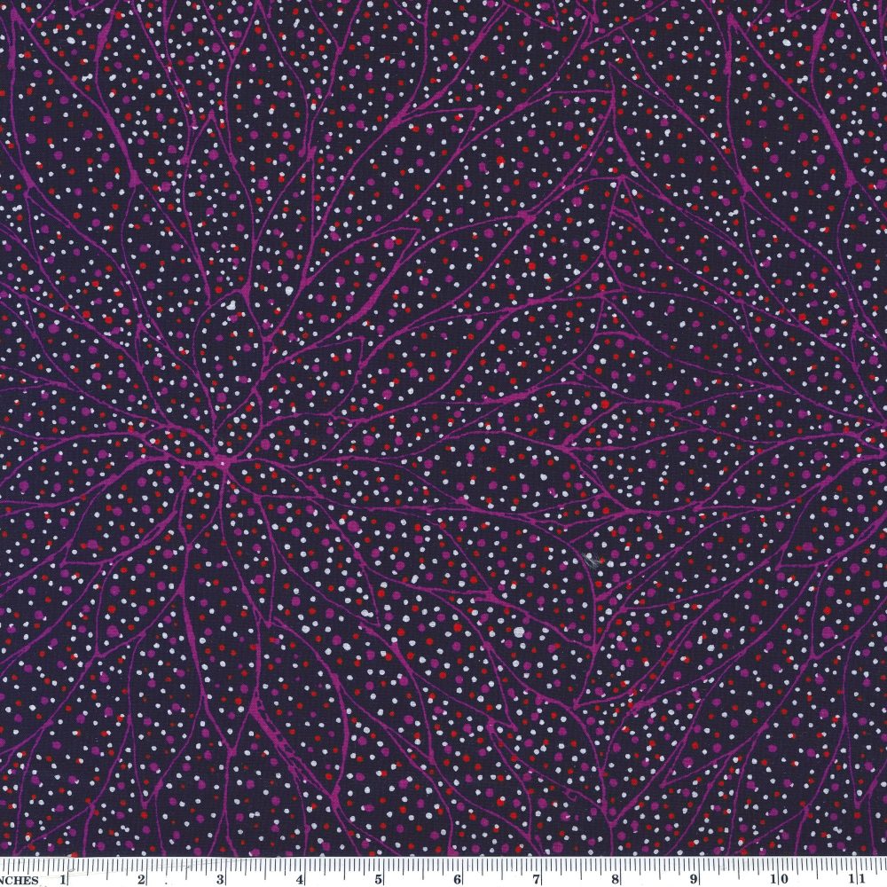 Seeds and Leaves purple is a 100 % soft cotton fabric designed by the indigenous  Australian artist  Gracie Morton, depicting purple outlined leaves, arranged in a circular fashion on a dark navy background with hot pink and white little dots. 