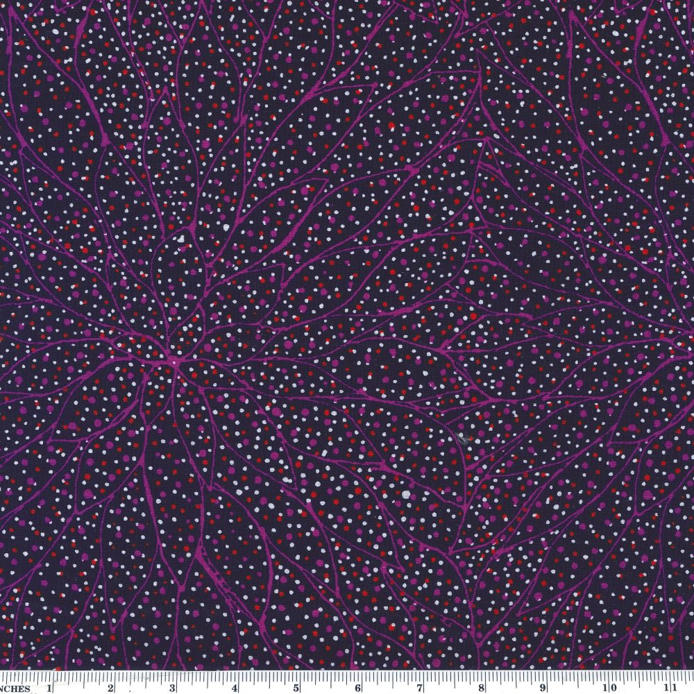 Seeds and Leaves purple is a 100 % soft cotton fabric designed by the indigenous  Australian artist  Gracie Morton, depicting purple outlined leaves, arranged in a circular fashion on a dark navy background with hot pink and white little dots. 