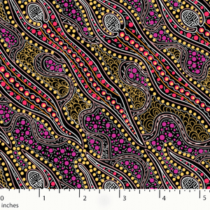 Spirit Dreaming Purple Australian Aboriginal Fabric by Anette Doolan for M&S Textiles Australia is a neat design featuring the spirits floating diagonally across the fabric in lovely shades of pinks, yellows and rosy purples