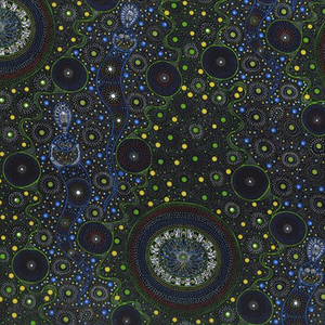 Spiritual Women Green Australian Aboriginal fabric by Chanda Conway depicts spirits in blues, with decorations in greens and yellows against a stunning black background