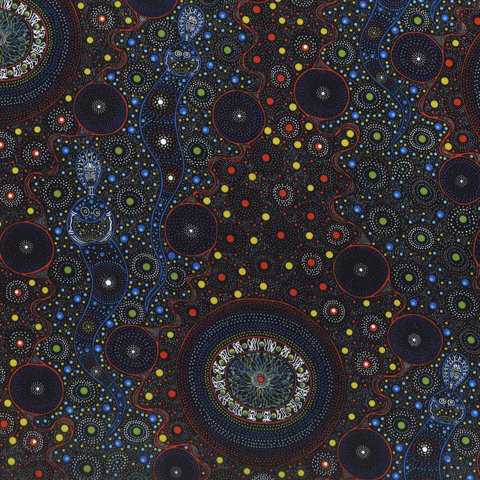 Spiritual Women Red Australian Aboriginal fabric by Chanda Conway depicts spirits in blue, with decorations in red and yellow against a black background.