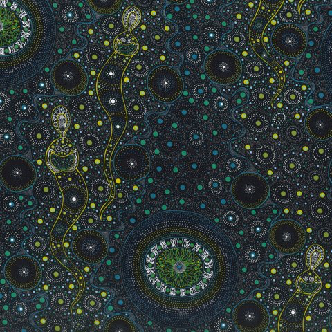 Spiritual Women Grey Australian Aboriginal fabric by Chanda Conway depicts spirits in yellow, with decorations in greys and blues/greens against a stunning black background