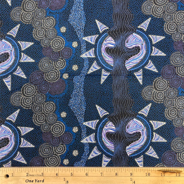 Sunset Night Dreaming  blue Australian Aboriginal Fabric by Heather Kennedy is a playful design depicting the setting sun in deep shades of blue on a black background. This Australian Aboriginal fabric is printed on 100 % high thread count soft cotton that is 42" wide. It is ideally suited for quilting, garments, home decor and other fabric crafts.   The repeat on this fabric is 6" x 9"