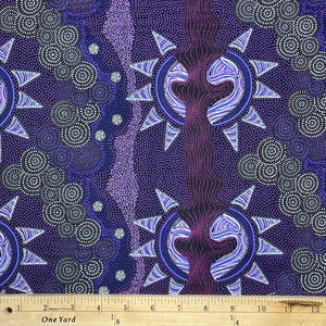 Sunset Night Dreaming purple Australian Aboriginal Fabric by Heather Kennedy is a playful design depicting the setting sun in vibrant shades of purple on a black background. 