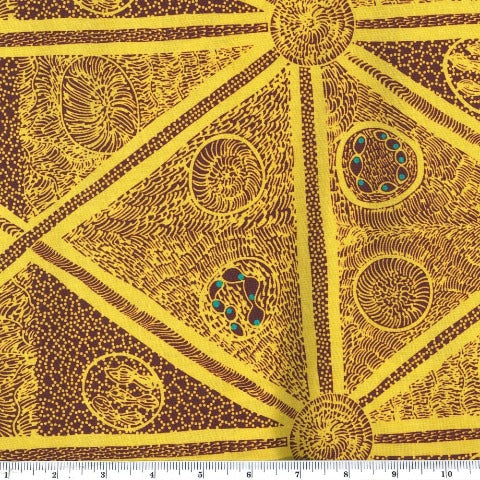 Sweet Potato yellow is a geometric design in brown with a smidge of jade on a yellow background by the aboriginal artist Audrey Napanangka Martin