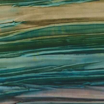 Indonesian artists created this lovely hand painted Batik fabric in cold tones of teal blues, greens, browns and purples. 
