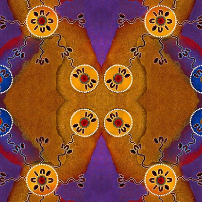 Walumarra Business was created by Australian indigenous artist Chern'ee Sutton in browns, reds and purple. Walumarra is the Kalkadoon word for Women. This print is Chern'ees interpretation of Womens Business.