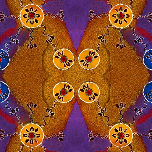 Walumarra Business was created by Australian indigenous artist Chern'ee Sutton in browns, reds and purple. Walumarra is the Kalkadoon word for Women. This print is Chern'ees interpretation of Womens Business.