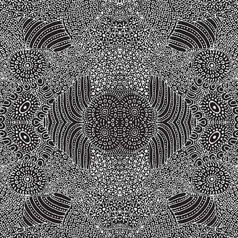Waterhole Black Australian Aboriginal fabric by Anna Pitjara gives an almost aerial view of Salts Lakes, Waterhole and surrounding country in a neat white design on black background