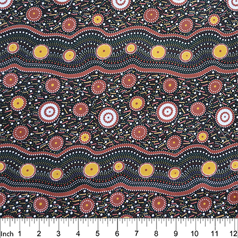 Wild Beans Black Australian Aboriginal fabric depicts women collecting wild beans in rust and orange on a black background
