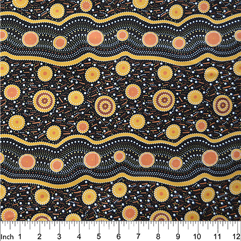 Wild Beans Gold Australian Aboriginal Fabric depicts women collecting wild beans in gold and orange on a black and rust background