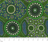 Wild Bush Banana & Tomato Rayon in green  is a vivid design of circles in leaf green, light mint, white and blue on a black background. 