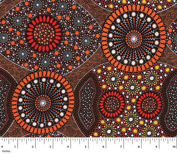 Wild Bush Banana & Tomato Rayon in orange  is a vivid design of circles in Orange, yellow, white and brown on a black background. 