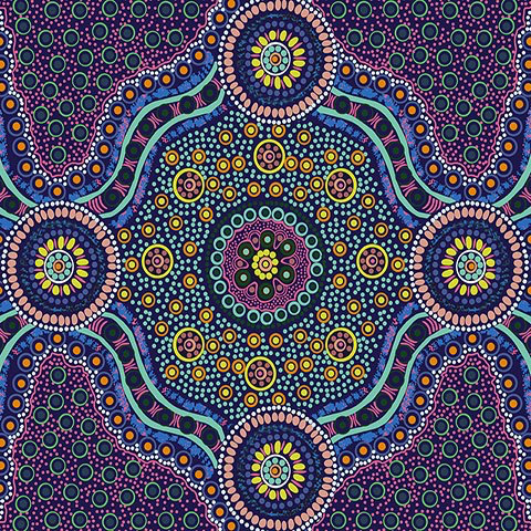Wild Bush Flowers purple Australian Aboriginal fabric depicts bush seeds, wild flowers and pods gathered by the Aboriginal women in Central Australia.