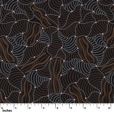 Wild Flowers Dreaming 2 yellow Australian Aboriginal fabric by Tanya Price is a white and ochre print on black background, depicting abstract rows of flowers.