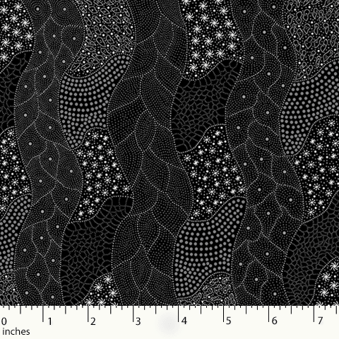 Wild Flowers Dreaming Black Australian Aboriginal Fabric by Tanya Price is an attractive black, white and grey print, showing patches of blooming flowers on a black background.