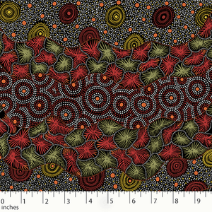 Wild Seed and Waterhole black Australian Aboriginal fabric by Tanya Price Nangala is a lovely design of seeds and wildflowers in burgundy, coral and sage  on a black background.