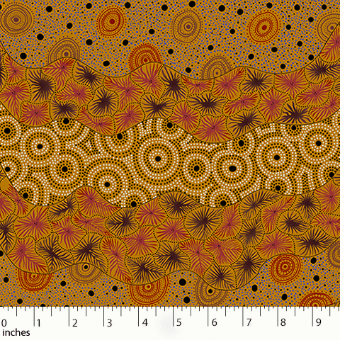 Wild Seed and Waterhole yellow Australian Aboriginal fabric by Tanya Price Nangala is a lovely design of seeds and wildflowers in black, burgundy and ochre on a golden yellow background. 