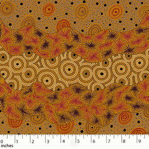 Wild Seed and Waterhole yellow Australian Aboriginal fabric by Tanya Price Nangala is a lovely design of seeds and wildflowers in black, burgundy and ochre on a golden yellow background. 