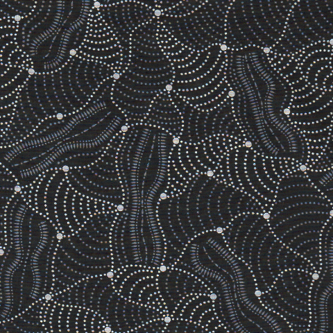 Wild Flowers Dreaming 2 black Australian Aboriginal fabric by Tanya Price is a white and grey print on black background, depicting abstract rows of flowers.