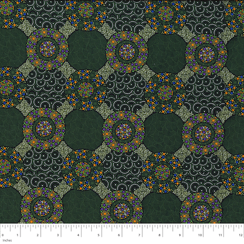 Wildflowers and Bush Tucker Green Australian Aboriginal fabric is an intricate design in dark green, light green and orange accents, arranged in squares and octagons.