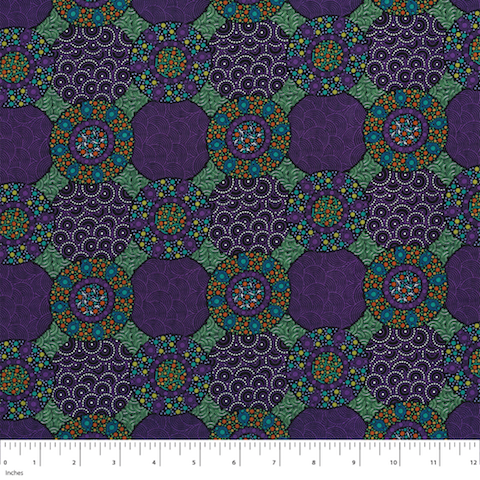 Wildflowers and Bush Tucker Purple Australian Aboriginal fabric is an intricate design in deep purple with green, turquoise and orange accents, arranged in squares and octagons.