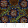 Winter Spirits brown Australian Aboriginal fabric by Fay Oliver depicts lovely spirits in sage green, surrounded by flowers in browns and blues, with lots of little dots in browns on a black background. 