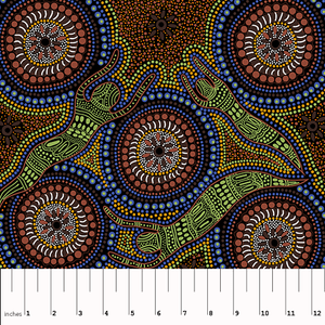 Winter Spirits brown Australian Aboriginal fabric by Fay Oliver depicts lovely spirits in sage green, surrounded by flowers in browns and blues, with lots of little dots in browns on a black background. 