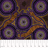 Winter Spirits purple Australian Aboriginal fabric by Fay Oliver depicts lovely spirits in orange, surrounded by flowers in purple and green, with lots of little dots in purple on a black background.