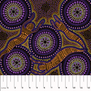 Winter Spirits purple Australian Aboriginal fabric by Fay Oliver depicts lovely spirits in orange, surrounded by flowers in purple and green, with lots of little dots in purple on a black background.