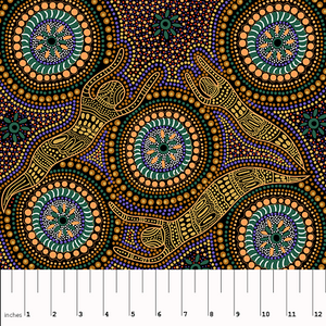 Winter Spirits Yellow Australian Aboriginal fabric by Fay Oliver depicts lovely spirits in yellow, surrounded by flowers in orange, purple and green, with lots of little dots in yellows on a black background. 