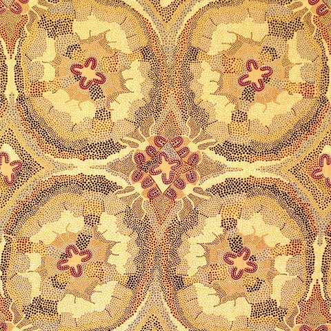Women Dreaming Burgundy Australian Aboriginal fabric has been designed by Audrey Martin Napanangka in soft shades of yellows and ochres, accented by the women (the horse shoe shapes symbolize women sitting) in burgundy. 
