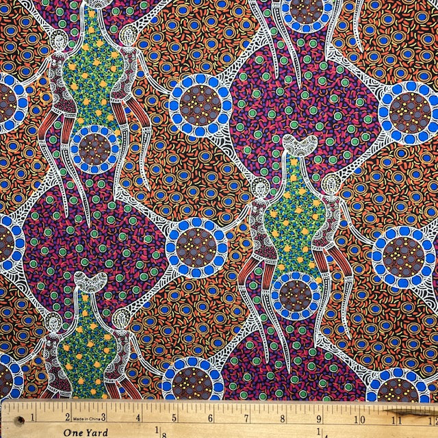 Women Dancing near Waterhole (multi) Australian Aboriginal fabric is an elegant design celebrating the power of womanhood in lovely shades of pink, blue, yellow, orange, green and purple with white outlines on a black background.