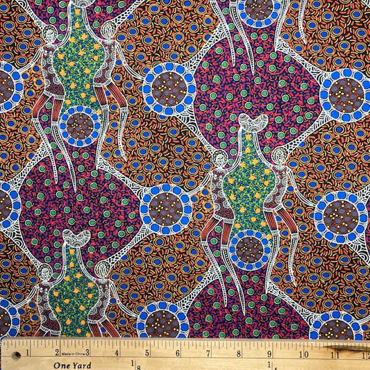 Women Dancing near Waterhole (multi) Australian Aboriginal fabric is an elegant design celebrating the power of womanhood in lovely shades of pink, blue, yellow, orange, green and purple with white outlines on a black background.