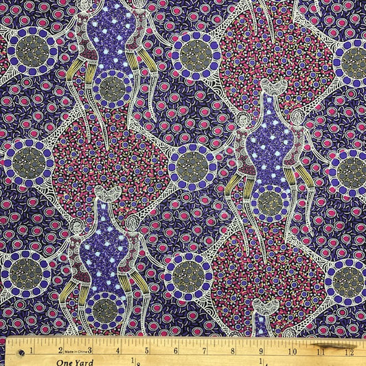 Women Dancing near Waterhole (purple) Australian Aboriginal fabric is an elegant design celebrating the power of womanhood in lovely shades of pink and purple with white outlines on a black background.