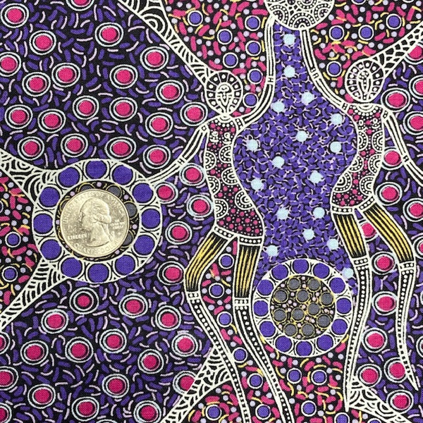 Women Dancing near Waterhole, purple, Australian Aboriginal fabric by Christine Doolan
