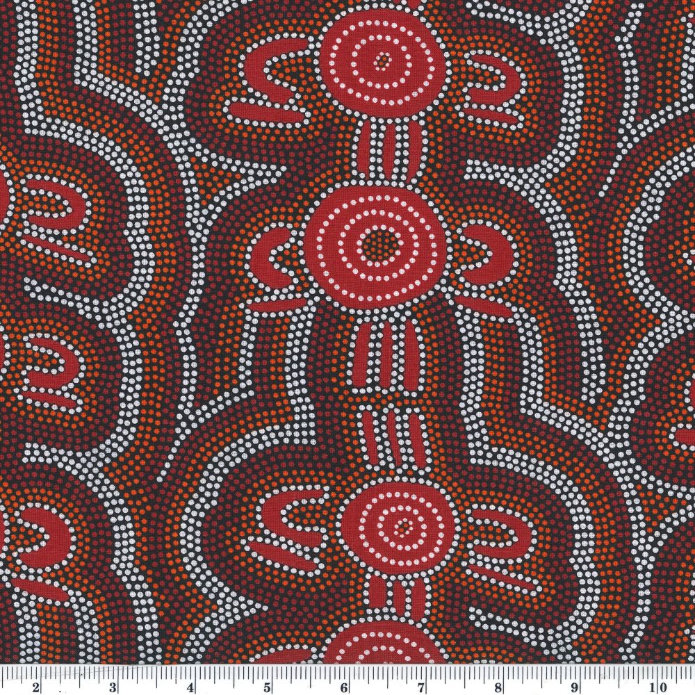 Women Dreaming 2 orange is a 100% soft cotton fabric designed by the indigenous Australian artist Aileen, a harmonious design of circles in dark burnt orange and bands of dots in orange, red and white that connect everything