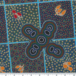 Women Gathering Bush Tucker blue is a 100% soft cotton fabric designed by the indigenous Australian artist Margaret Wallace, a harmonious design of fields of flowers in blue and many vibrant hues.