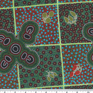 Women Gathering Bush Tucker red is a 100% soft cotton fabric designed by the indigenous Australian artist Margaret Wallace, a harmonious design of fields of flowers in  reds and many vibrant hues.