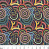 Womens Body Dreaming black Australian Aboriginal fabric by Cindy Wallace is a celebration of all things women: Multi-coloured circles on a black background are a delight for the eye.