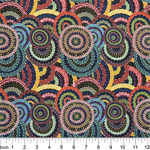 Womens Body Dreaming black Australian Aboriginal fabric by Cindy Wallace is a celebration of all things women: Multi-coloured circles on a black background are a delight for the eye.