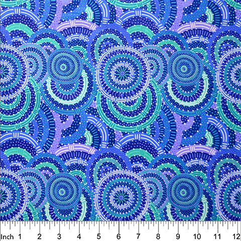 Womens Body Dreaming blue Australian Aboriginal fabric by Cindy Wallace is a celebration of all things women:&nbsp;Dark blue, purple and peppermint&nbsp;circles on a blue background are a delight for the eye.