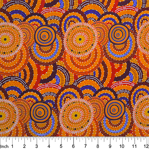 Womens Body Dreaming mustard Australian Aboriginal fabric by Cindy Wallace is a celebration of all things women: Orange, red and blue circles on a yellow background are a delight for the eye.