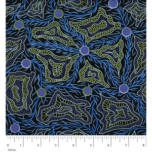 Women's Body Painting Blue Australian Aboriginal Fabric depicts traditional patterns used in ceremonial painting on Women's Bodies in vibrant shades of blue, purple and soft green on a black background. 