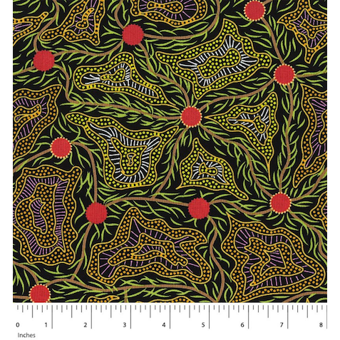 Women's Body Painting Orange Australian Aboriginal Fabric depicts traditional patterns used in ceremonial painting on Women's Bodies in vibrant shades of gold, red, soft green and tan. 