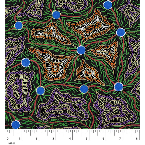Women's Body Painting Orange Australian Aboriginal Fabric depicts traditional patterns used in ceremonial painting on Women's Bodies in vibrant shades of orange, purple, green and blue.