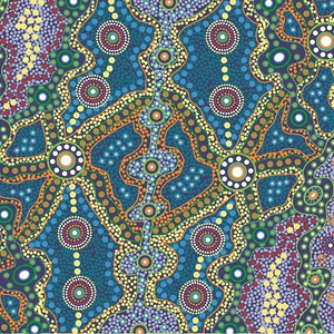 Yalke Blue Australian Aboriginal fabric by June Smith is an abstract depiction of the wetlands of Australia in brilliant shades of blue, yellow, purple and green.