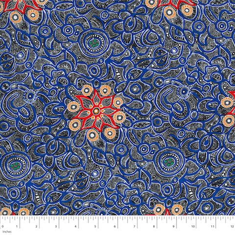 Yallaroo blue Australian Aboriginal fabric depicts a field of flowers in soft blues and dark greys on a black background with peach and orange flowers strewn in. 
