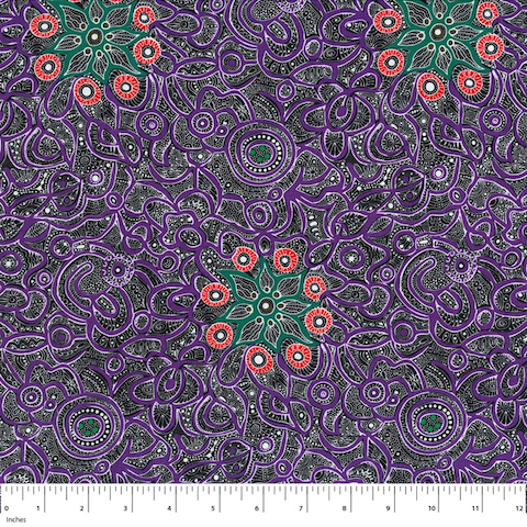 Yallaroo purple Australian Aboriginal fabric depicts a field of flowers in vivid purple on a black background with green and orange flowers strewn in. 