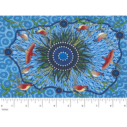  This stunning fabric features a male Southern Emu-Wren in rust against a vibrant blue background. 